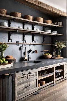 an industrial style kitchen with open shelving and wooden shelves