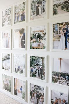 a wall with many pictures on it and people standing in front of the wedding party