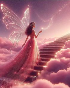 a fairy with wings standing on stairs in the sky above clouds, holding a wand