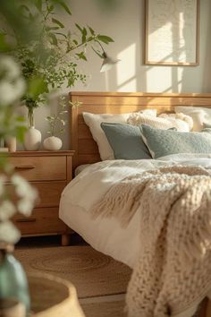 a bed with pillows and blankets in a bedroom next to a potted plant on the floor