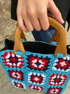 Red Square Crochet Bag For Daily Use, Blue Bohemian Shoulder Bag With Granny Square Details, Bohemian Blue Shoulder Bag With Granny Square Details, Blue Bohemian Shoulder Bag With Granny Square, Blue Rectangular Crochet Bag, Blue Rectangular Crochet Bag For Shopping, Square Crochet Bag With Handles For Vacation, Blue Rectangular Crochet Bag For Summer, Blue Rectangular Crochet Bag For Beach