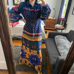 Beautiful Print With Long Sleeves And Buttons From Neck To Hem Vibrant Blue Fitted Maxi Dress, Vintage Blue Long Sleeve Maxi Dress, Vintage Blue Maxi Dress For Daywear, Black Jersey Maxi Dress, Anthropologie Maxi Dress, Leopard Maxi Dress, Yellow Floral Dress, Cotton Sundress, Yellow Midi Dress