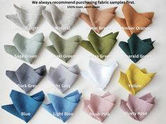 several different colors of fabric bows on a white tablecloth with the words we always recommend purchasing fabric samples first