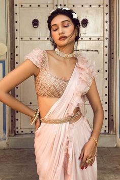 Shop for Supria Munjal Pink Chanderi Pre-draped Saree With Blouse for Women Online at Aza Fashions Draped Saree, Ruffle Saree, Drape Saree, Sequin Embroidery, Pattern Embroidery, Blouse For Women, Pink Ruffle, Sequins Embroidery, Pink Sequin