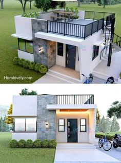 two pictures side by side of a modern house