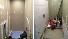 two pictures of the inside of a bathroom with no shower curtain or door, and one is in the process of remodeling