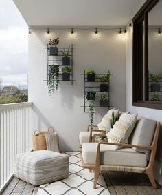 the balcony is decorated with potted plants and seating on wooden floors, along with hanging planters