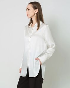 Type: Women's silk shirt.Material: 22 Momme Luxury Mulberry Silk. Crafted from premium silk, this shirt redefines casual chic with its oversized silhouette and stain finish. The luxurious fabric drapes effortlessly, providing an elegant yet relaxed look. The oversized design adds a touch of contemporary flair, ensuring a comfortable and stylish fit for various occasions. The unique stain finish enhances the shirt's visual appeal, creating a subtle texture that sets it apart. Elevate your wardrob Womens Silk Shirts, Oversized Button Up Shirt, How To Wash Silk, Old Symbols, Luxurious Fabric, Blouse Casual, Luxury Silk, Eco Friendly Fashion, Boyfriend Shirt