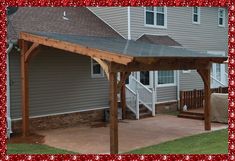 a covered patio with stairs and steps in front of a house that has snowflakes on it