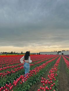 a woman standing in a field of red tulips under a cloudy gray sky