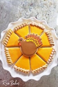 a decorated turkey cookie sitting on top of a white plate