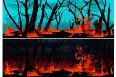 two different views of the same area with fire and trees in it, one is blue and