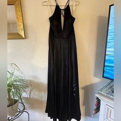 a black dress hanging on a wall next to a potted plant in a room