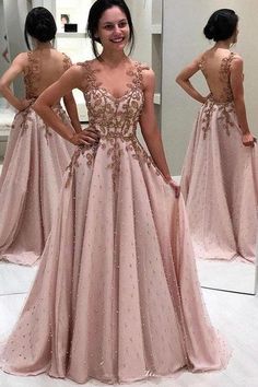 Luxury Beaded Long Prom A-line Popular Appliqued Pretty Evening Dresses Evening Dress Long, Custom Prom Dress, Prom Dresses Sleeveless, Pink Prom, A Line Prom Dresses, Tulle Prom Dress, Wedding Outfits, Cheap Prom Dresses, Evening Party Dress