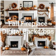 the fireplace is decorated with pumpkins and wreaths for fall fire place digital backdrops