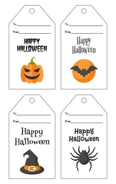 four halloween gift tags with pumpkins and bats on them, one is for happy halloween