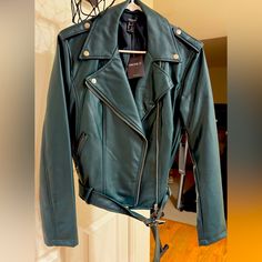 Forever21jacket Size:S, Nwt Trendy Green Leather Winter Jacket, Trendy Green Leather Jacket For Winter, Trendy Green Leather Jacket For Fall, Trendy Green Biker Jacket For Spring, Trendy Fitted Outerwear From Forever 21, Trendy Fitted Forever 21 Outerwear, Dark Green Jacket, Maroon Leather Jacket, Brown Faux Leather Jacket