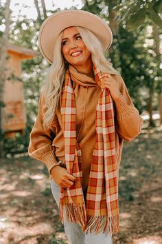 fall fashion, fall outfits, knee-high boots, sweater, knit, maxi dress, fall ootd, mini dresses, shackets, jackets, denim, jeans, belts, cozy, plaid, houndstooth Fall Blanket Scarf Outfit, Plaid Scarves For Fall, Fall Plaid Scarf, Brown Plaid Scarf, Mom Outfits Fall, Plaid Skirt Outfit, Plaid Blanket Scarf, Orange Sweaters, Fall Scarves