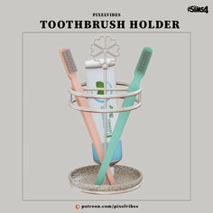 the toothbrush holder has three different colored toothbrushes in it and is attached to a metal stand