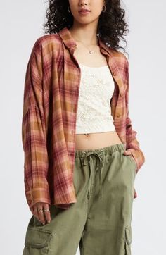 Perfect your '90s grunge aesthetic with an oversized, layer-ready button-up shirt made from lightweight plaid flannel. Front button closure Spread collar Long sleeves with button cuffs 55% cotton, 45% rayon Machine wash, tumble dry Imported Not available for sale and shipment to Germany Oversized Plaid Tops For Everyday, Trendy Relaxed Fit Flannel Shirt For Fall, Spring Flannel Shirt With Relaxed Fit, Trendy Plaid Button-down Shirt, Trendy Plaid Button-up Shirt, Everyday Plaid Flannel Tops, Casual Plaid Button-up Tops, Spring Relaxed Fit Flannel Shirt With Button Closure, Oversized Plaid Top With Button Closure