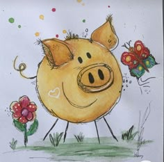 a drawing of a pig with flowers in the background