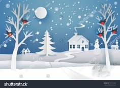 paper art christmas scene with snowman and birds in the night sky stock photo edit