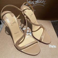 Good Condition Worn A Couple Times. Comes With All Original Boxing And Bags Luxury Slingback Sandals With Red Sole, Evening Beige Heels With Branded Insole, Luxury Beige Slingback Pumps, Designer Beige Slingback Heels, Luxury Beige Heels With Single Toe Strap, Luxury Beige Heels With Heel Strap, Designer Beige Heels With Heel Strap, Louboutin Spiked Heels, Louboutin Wedges