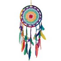 a multicolored dream catcher hanging from a hook