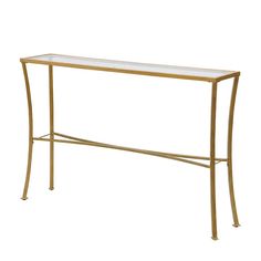 a gold metal and glass console table with white marble top on an isolated white background