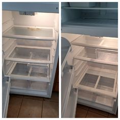 two pictures of an open refrigerator with the door ajar