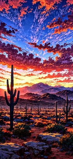 a painting of a desert with cacti and mountains in the background at sunset