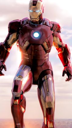 an iron man standing in front of the sun with his hands on his hips and eyes open