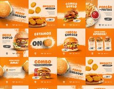 an advertisement for a burger restaurant with different types of hamburgers and chicken patties