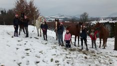 a group of children standing next to horses in the snow with santa hats on their heads