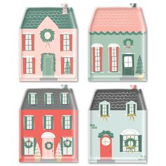 four paper houses with christmas decorations on them