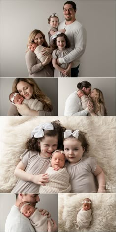 a collage of photos with people and babys in the same family's arms