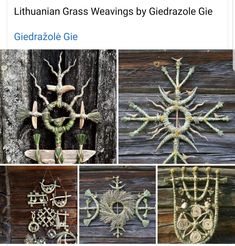 several pictures of different ornaments on a wooden wall and in the middle one is a snowflake