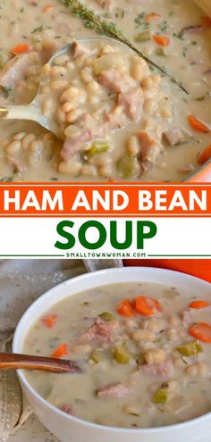 ham and bean soup in a white bowl with a spoon