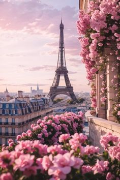 the eiffel tower is surrounded by pink flowers and buildings in paris, france