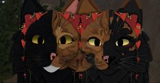 two cats with yellow eyes and red bows on their heads are standing next to each other