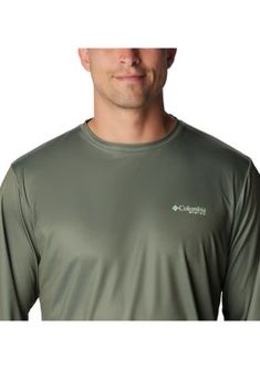 Keep your cool on and off the water with this super soft shirt, featuring UPF 50 sun coverage and wicking power. Omni-Shade Broad Spectrum UPF 50 sun protection. Omni-Wick. Sublimation printed graphic. | Columbia Men's Long Sleeve Graphic T-Shirt, Large Casual Crew Neck Rash Guard For Outdoor, Casual Rash Guard With Upf 50+ For Outdoor Activities, Moisture-wicking Crew Neck Top For Water Sports, Green Casual Rash Guard For Sports, Casual Green Rash Guard For Sports, Summer Outdoor Tops With Uv Protection, Outdoor Summer Tops With Uv Protection, Uv Protection Summer Outdoor Tops, Keep Your Cool