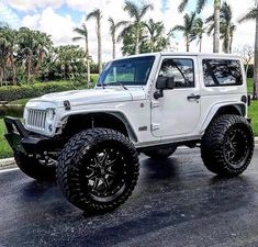 a white jeep parked on the side of a road next to palm trees and water