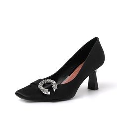 Elegant and alluring. these black satin heels are sure to turn heads. The sleek silhouette is accented with a square toe and sparkling rhinestones for a touch of glamour. They slip on easily and are the perfect finishing touch to any ensemble. Upper: Satin Lining: Leather Outsole: TPR Toe: Square Toe Closure: Slip on Heel: 7cm/2.8'' Color: Black. Nude. Pink is_handmade: Yes Black Satin Heels, Square Toe Heels, Satin Heels, Nude Pink, Black Satin, Pumps Heels, Kitten Heels, Slip On, Sleek