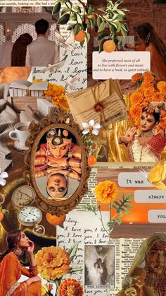 an altered collage with pictures and flowers on it's side, including oranges