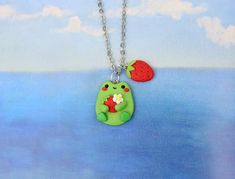 Frog With Strawberry Dangle Earrings Goblincore Jewelry | Etsy Quirky Handmade Green Jewelry, Quirky Green Jewelry For Gifts, Quirky Green Jewelry For Gift, Quirky Green Jewelry As A Gift, Frog With Strawberry, Goblincore Jewelry, Frog Life, Frog Jewelry, Frog Necklace