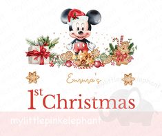 a mickey mouse christmas card with the words, 1st christmas and an ornament