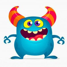 a cartoon blue monster with horns and big eyes, standing in front of a white background