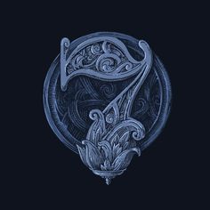 the letter s is made up of swirls and leaves in blue ink on a black background