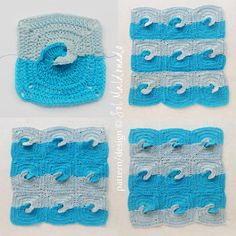 four crocheted squares with waves on them, one is blue and the other is white