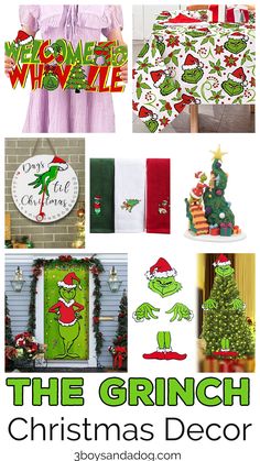 the grinch christmas decor is featured in this collage